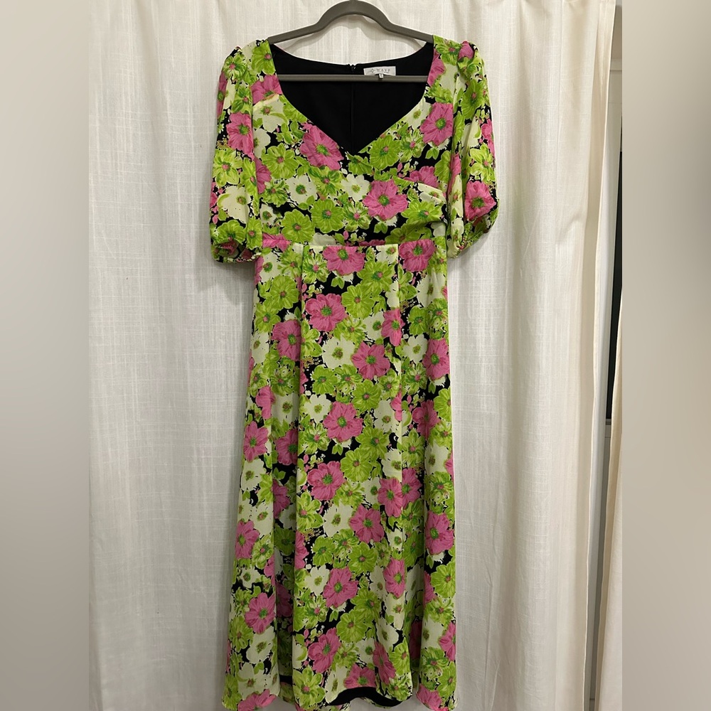 Wayf Surplice Neck Green/Pink Floral Print Midi Dress